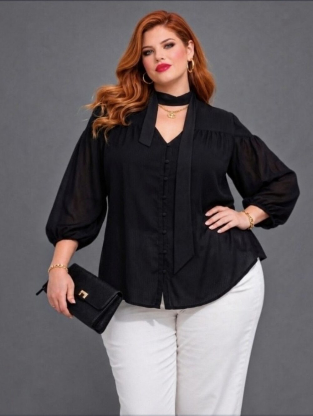 Time and Tru | Chic Black Sheer Tie-Neck Blouse | NWT | XL | Modern Classic Y2K